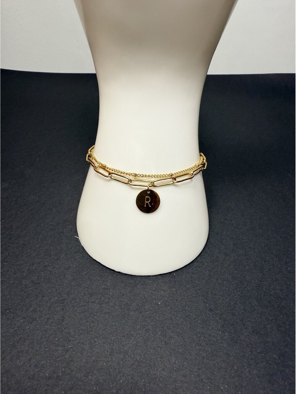 Woman’s G Tone Initial “R” Charm Bracelet Layered Chain Size 7” + 2” Extension